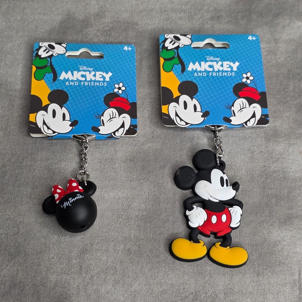 (X2) Disney Mickey & Friends Keychains Bagclips Retro Mickey & Minnie w/ Red Bow